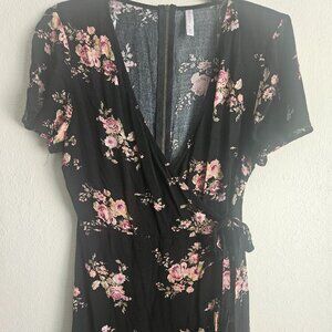 Whimsygoth V Neck  Fall black floral mini faux wrap Romantic Y2k dress M